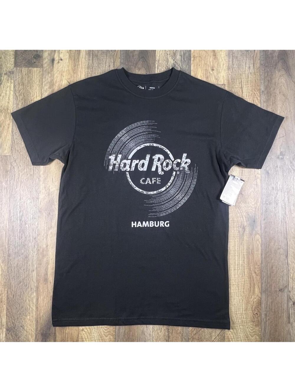 NWT HARD ROCK CAFE Hamburg Germany Vinyl Graphic T-Shirt Medium Black Silver NEW